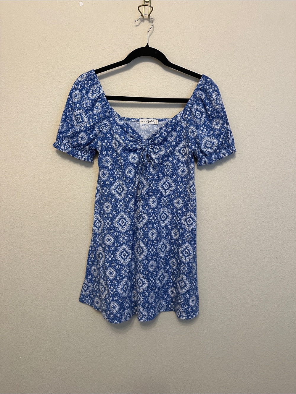 Blue Printed Off the Shoulder Tie-Front Women’s Short Dress